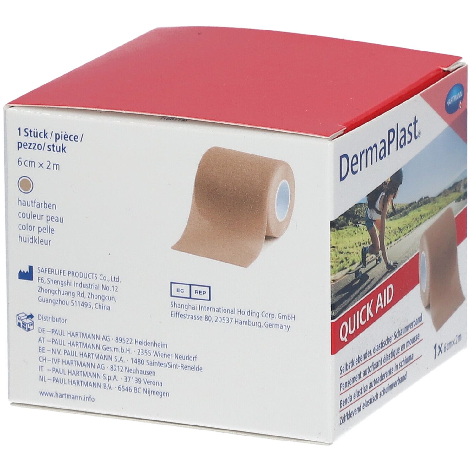 Confezione di Dermaplast Quick Aid. Rotolo di benda in schiuma marrone, 6cm x 2m. Scritte: Hartmann, Quick Aid, color pelle.