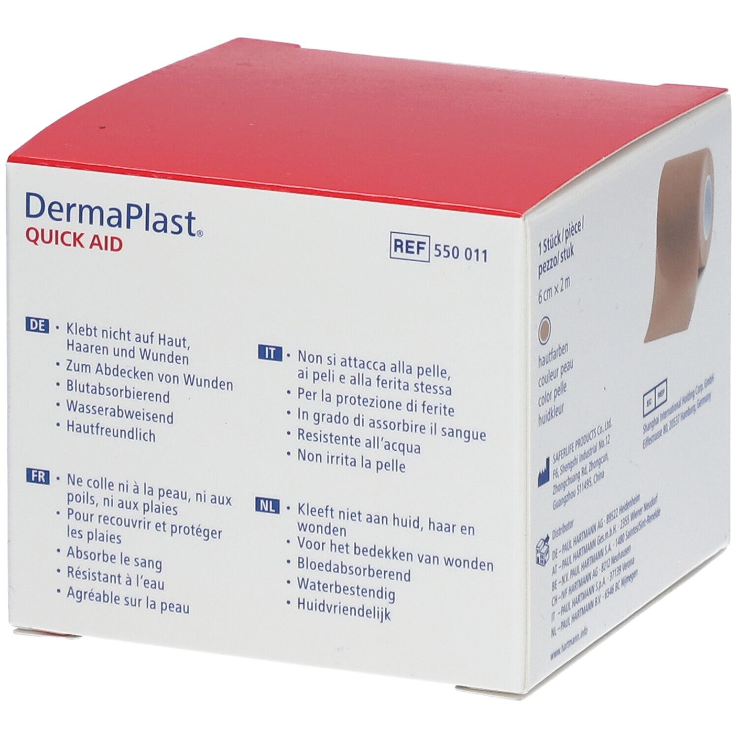 Retro della confezione Dermaplast Quick Aid. Testo in tedesco, italiano, francese e olandese. Contiene informazioni sul prodotto.