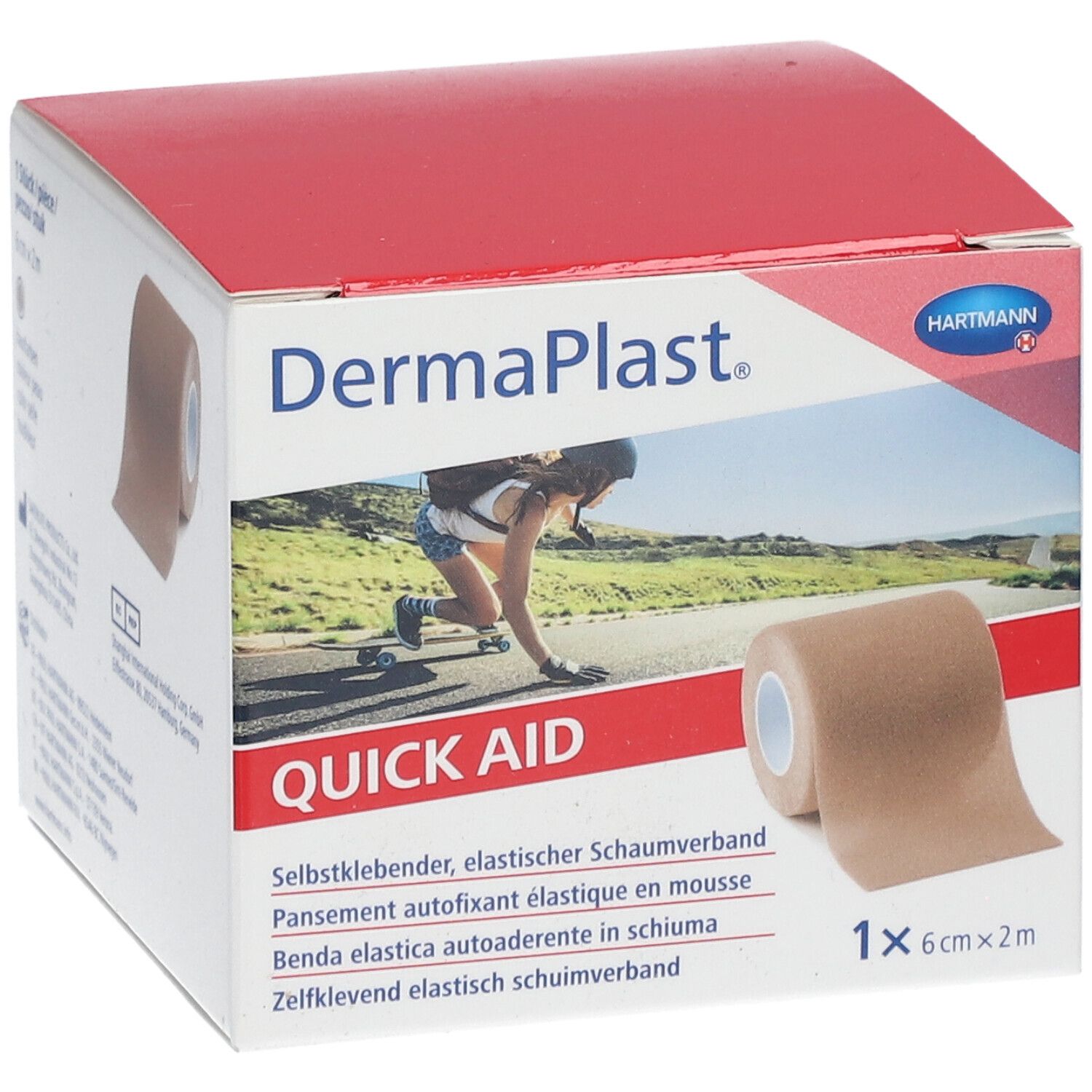 Confezione di Dermaplast Quick Aid. Rotolo di benda in schiuma marrone, 6cm x 2m. Scritte: Hartmann, Quick Aid, autoadesivo.