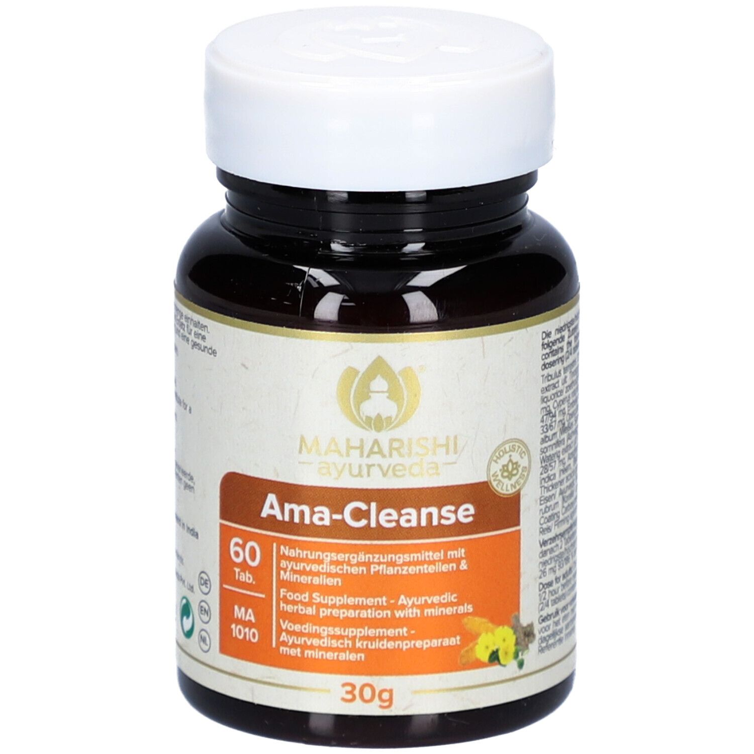 Flacone marrone di compresse con tappo bianco. Scritta: Maharishi Ayurveda, Ama-Cleanse, 60 compresse, MA 1010. 30g.