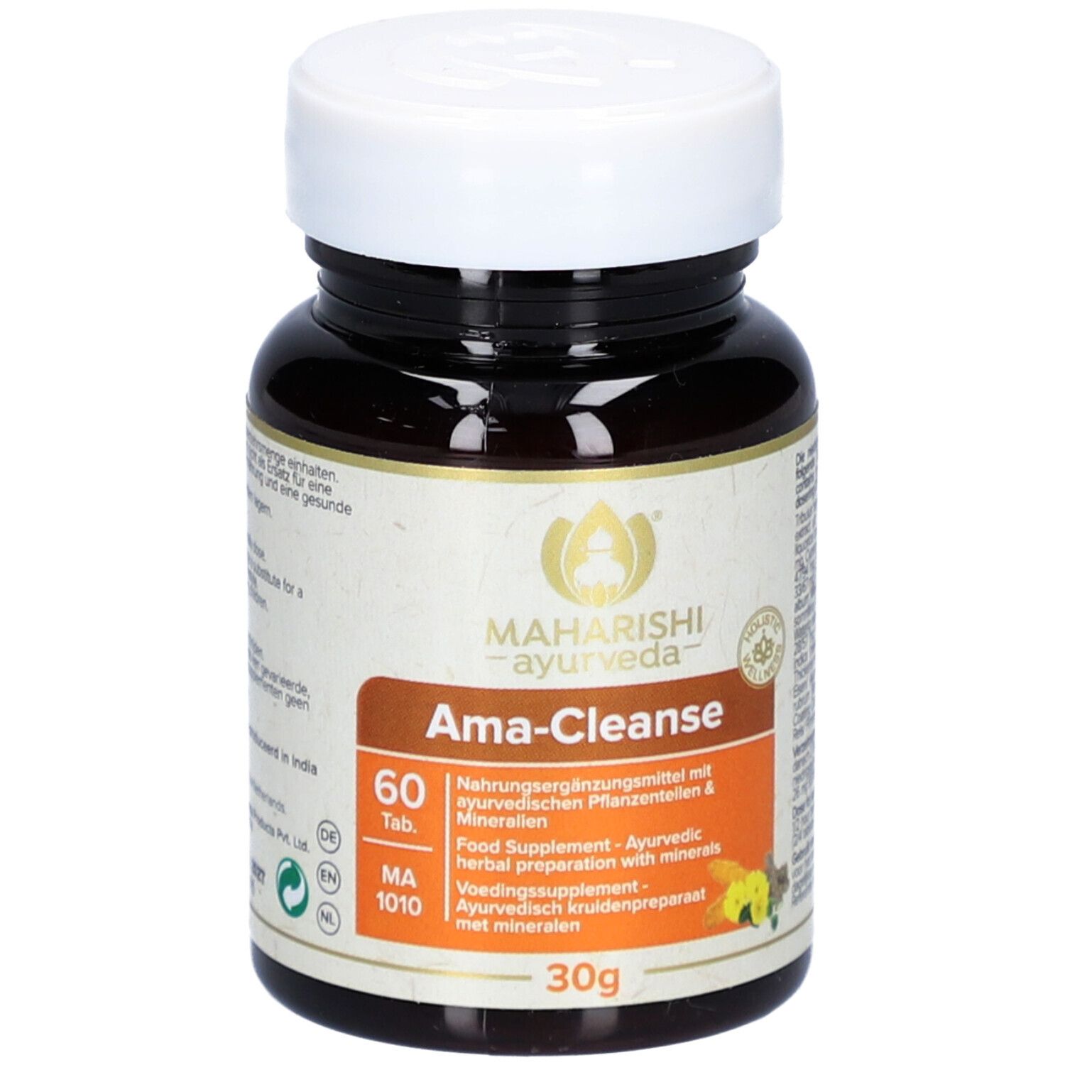 Flacone marrone di compresse con tappo bianco. Scritta: Maharishi Ayurveda, Ama-Cleanse, 60 compresse, MA 1010. 30g.