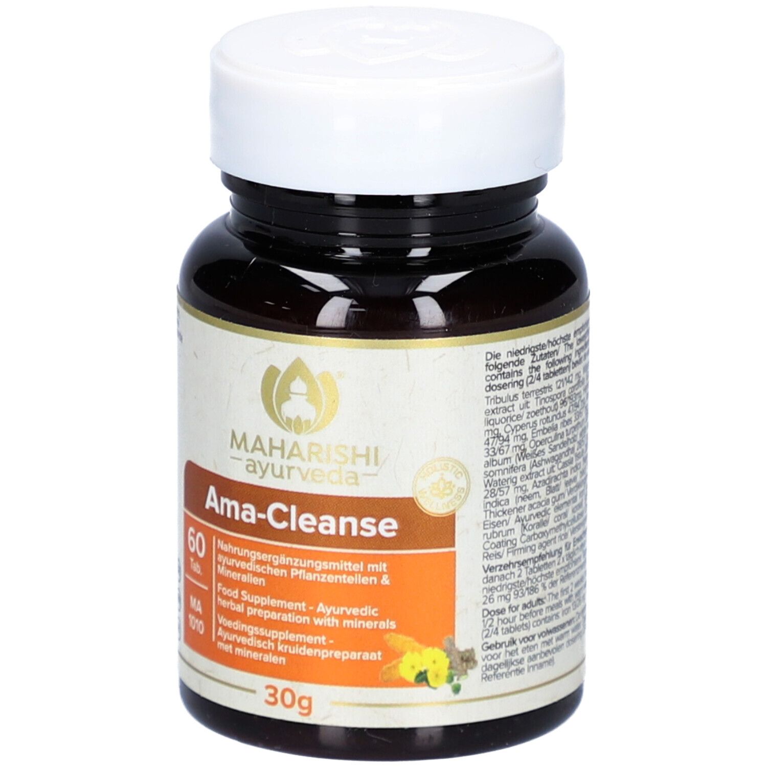 Flacone marrone di compresse con tappo bianco. Scritta: Maharishi Ayurveda, Ama-Cleanse, 60 compresse, MA 1010. 30g.