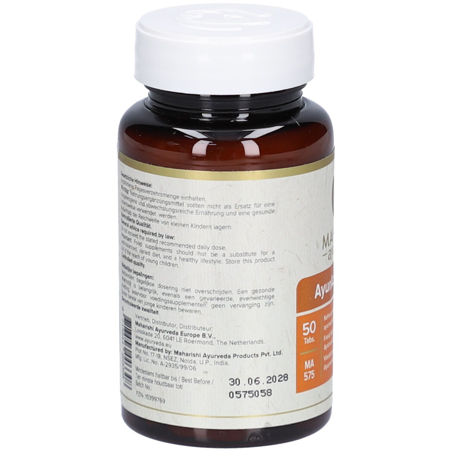 Retro del flacone di compresse. Informazioni testuali in più lingue. Informazioni del produttore e data di scadenza.