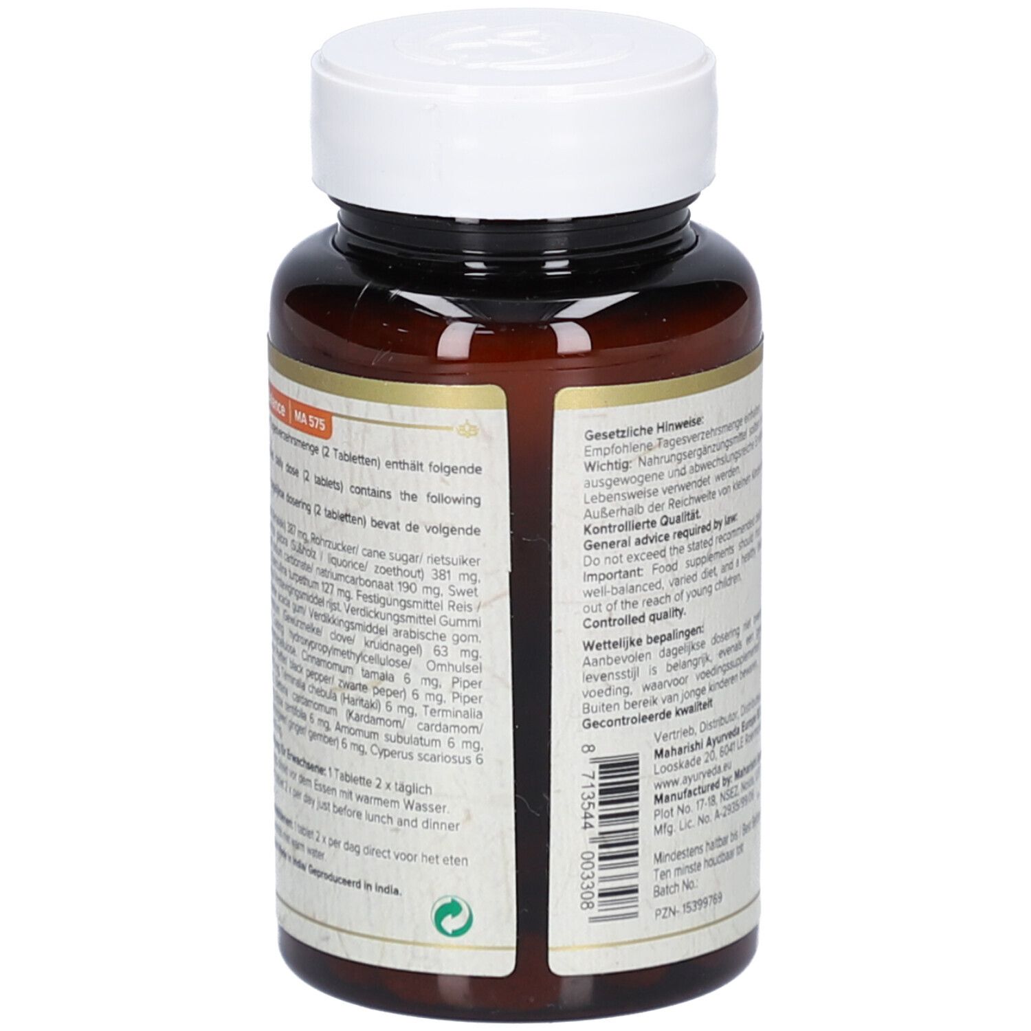 Retro del flacone di compresse. Informazioni testuali in più lingue. Elenco degli ingredienti e avvertenze generali.