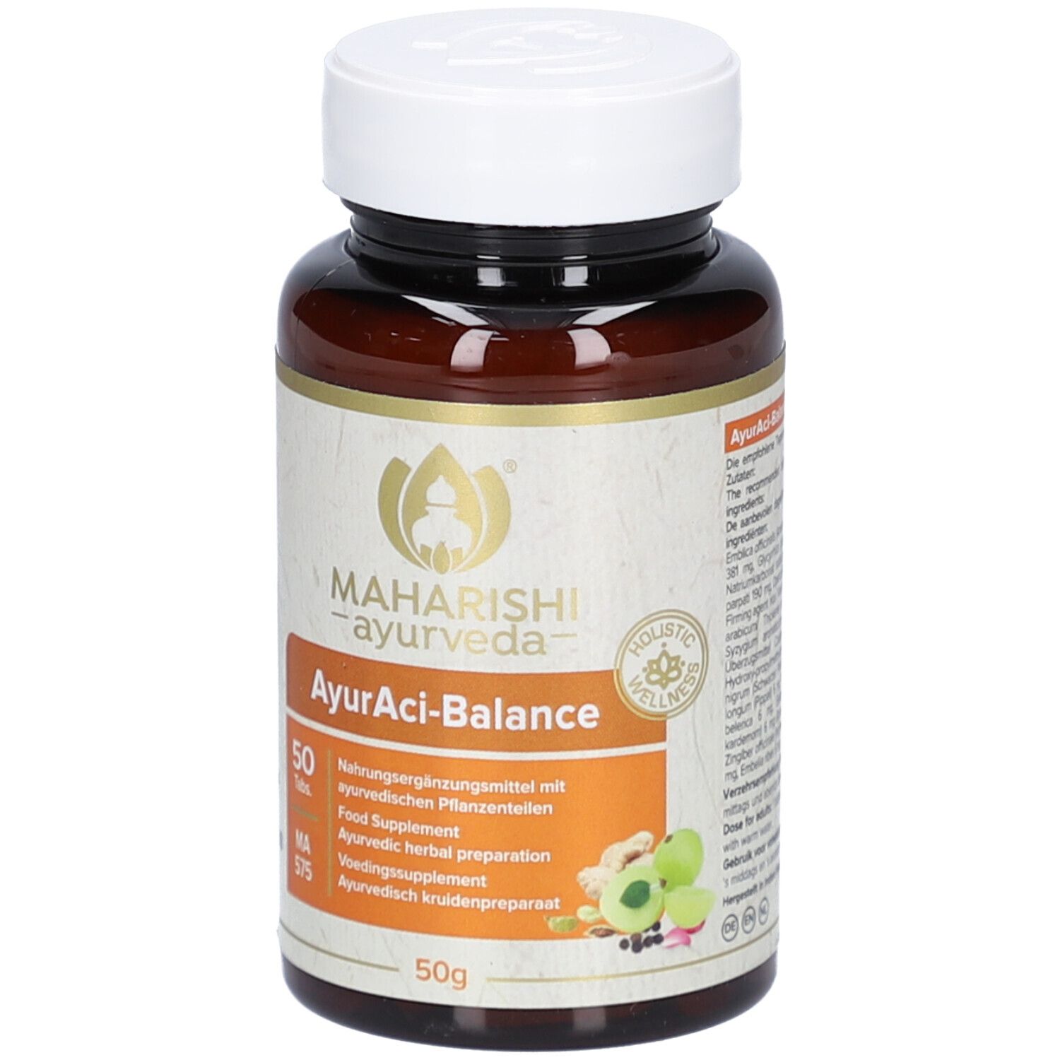 Flacone marrone di compresse con coperchio bianco. Scritta: Maharishi Ayurveda, AyurAci-Balance, 50 compresse. Con logo e informazioni.