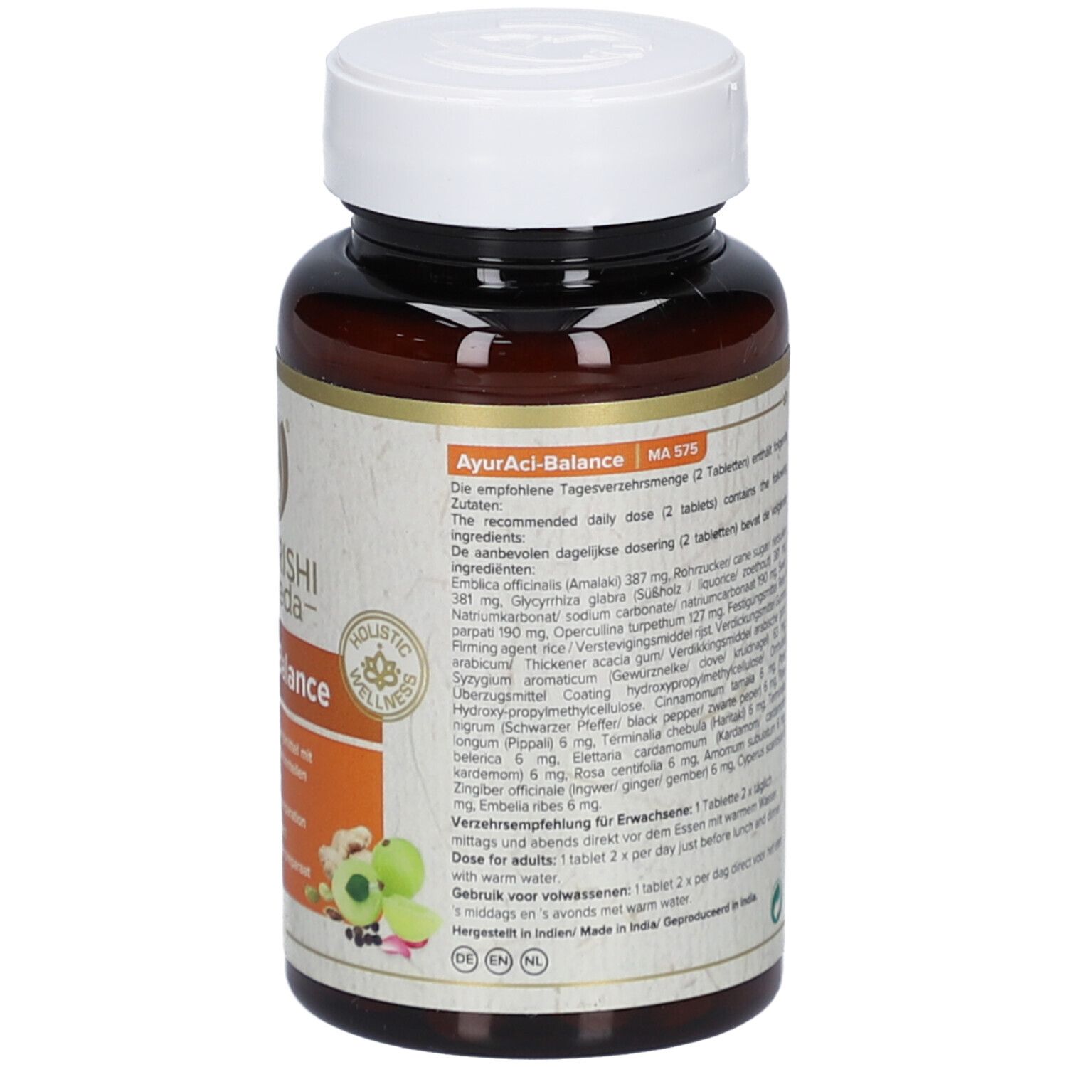 Retro del flacone di compresse. Informazioni testuali in più lingue. Elenco degli ingredienti e istruzioni per il dosaggio.