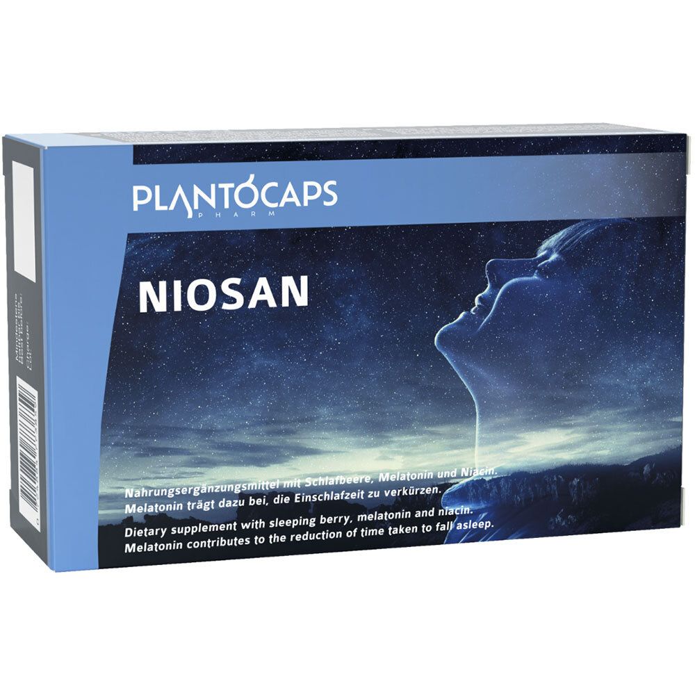 Confezione PlantoCaps NIOSAN con design a cielo stellato e profilo di una persona addormentata.