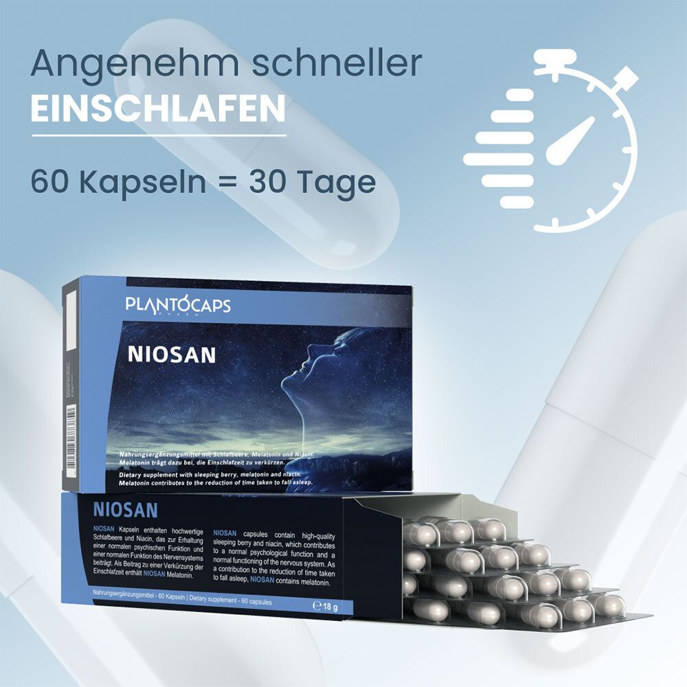 Confezione PlantoCaps NIOSAN e 60 capsule per 30 giorni, con testo su "Addormentarsi piacevolmente più velocemente".