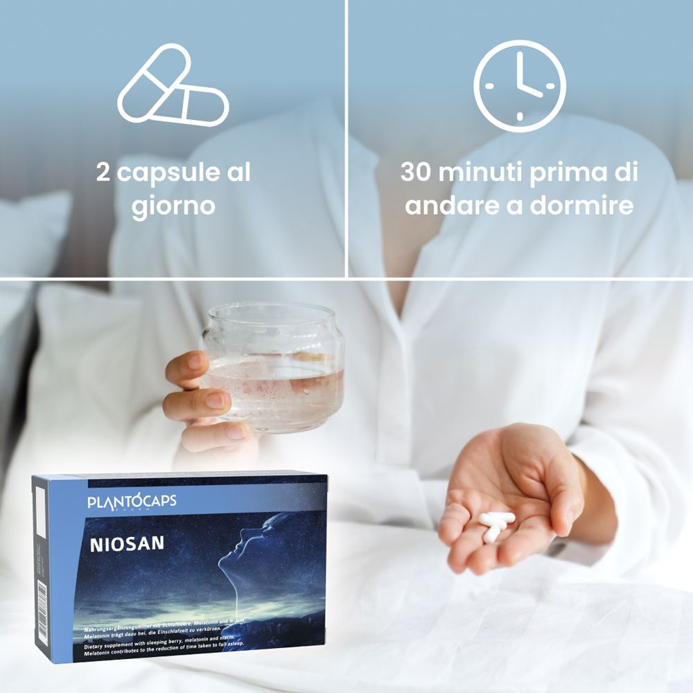 Confezione PlantoCaps NIOSAN con design cielo stellato e illustrazione di profilo addormentato.