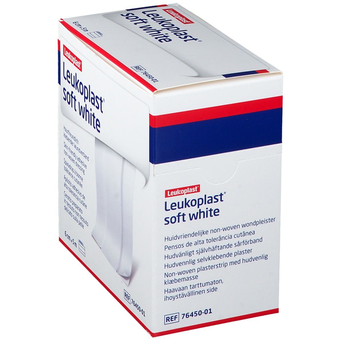 Confezione di cerotto Leukoplast soft white. Nastro bianco che esce dalla confezione. Scritte: 6 cm x 5 m, REF 76450-01.