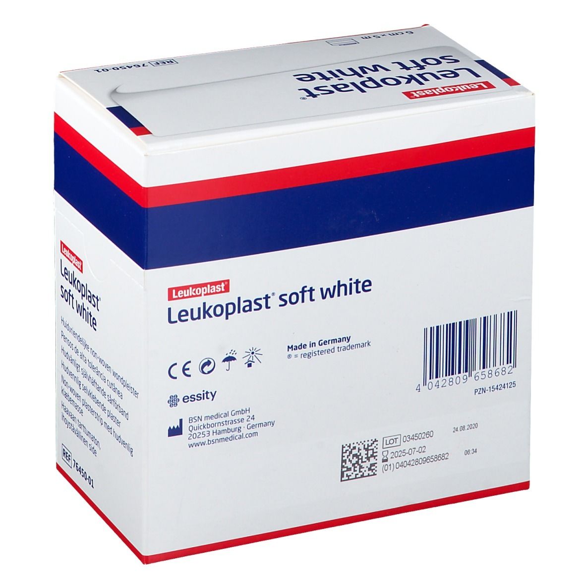 Confezione di Leukoplast soft white. Retro con codice a barre, informazioni del produttore e data di scadenza.