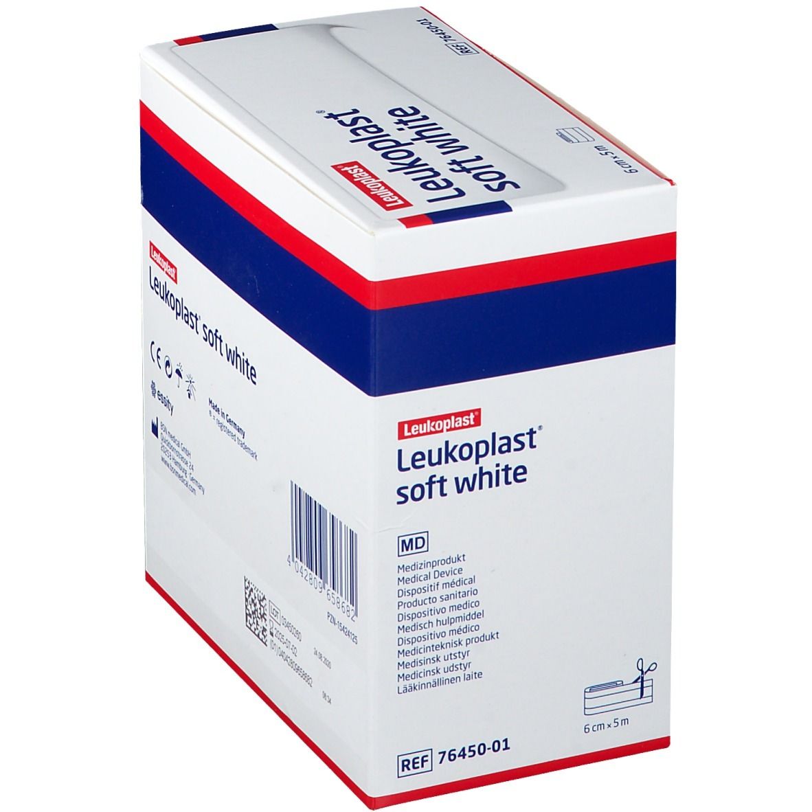 Confezione Leukoplast soft white. Scritte: 6 cm x 5 m, REF 76450-01, logo MD. Informazioni sul prodotto.