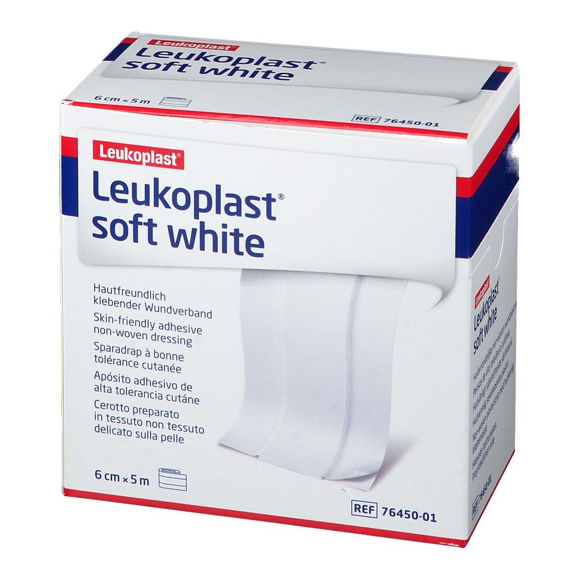 Cerotto Leukoplast soft white in confezione. Nastro bianco che esce dalla confezione. Scritte: 6 cm x 5 m, REF 76450-01.