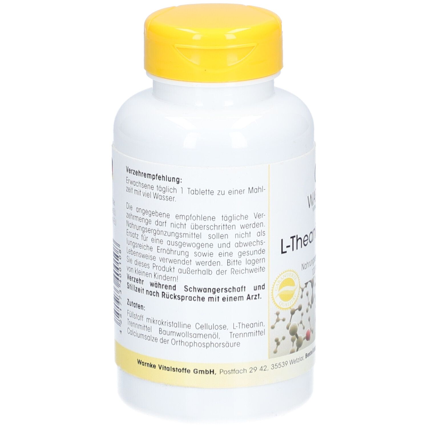 Retro del flacone bianco con tappo giallo. Testo sulla dose giornaliera raccomandata, ingredienti e avvertenze.