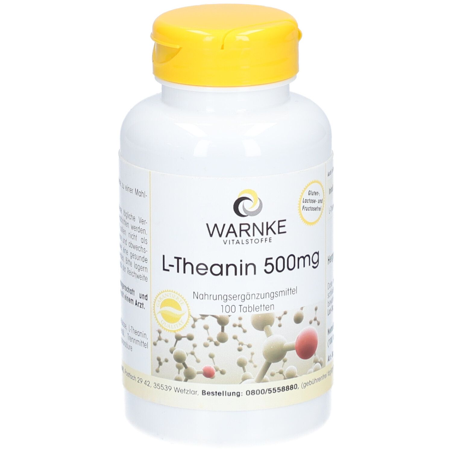 Flacone bianco con tappo giallo. Scritta: WARNKE, L-Teanina 500mg, 100 compresse. Integratore alimentare.