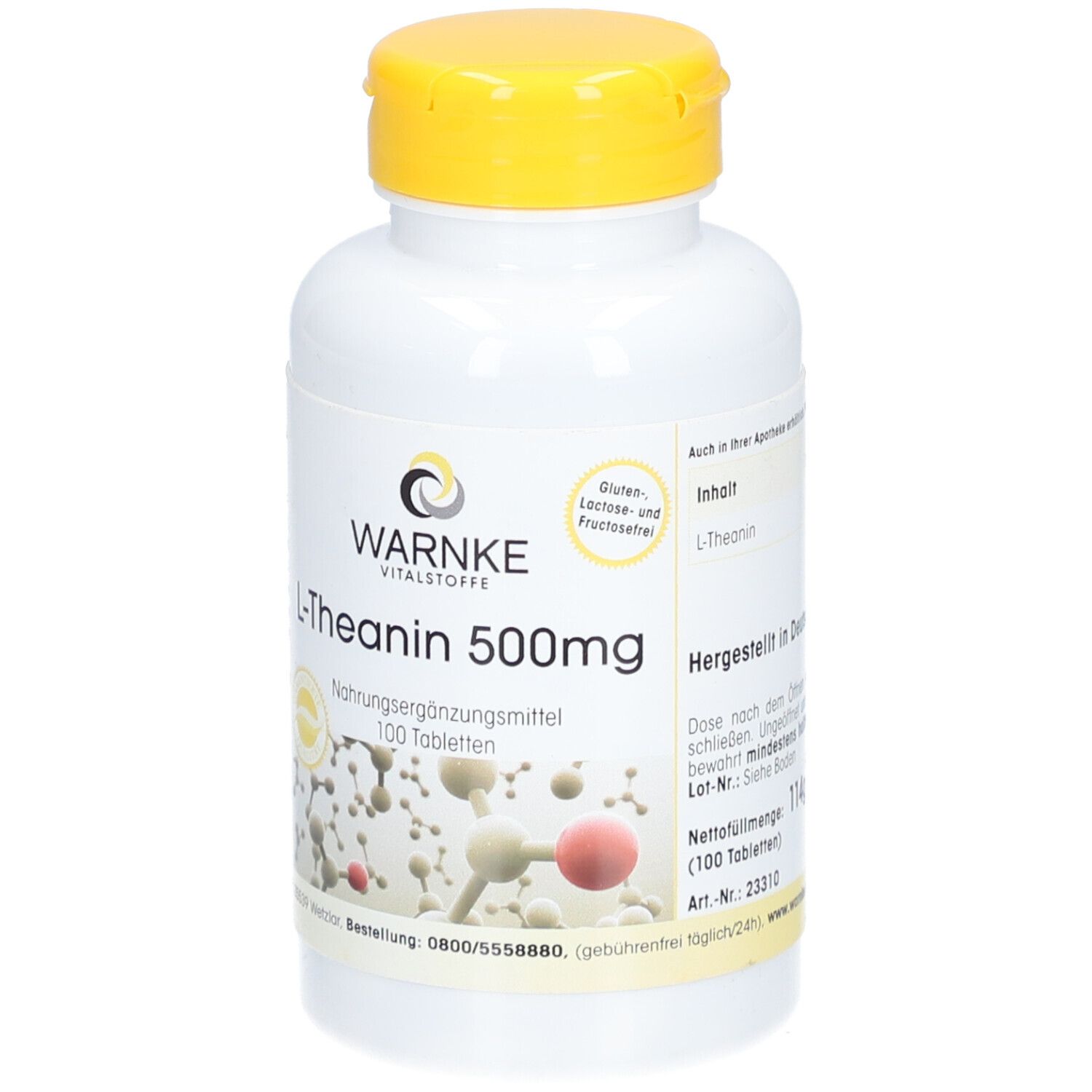 Flacone bianco con tappo giallo. Scritta: WARNKE, L-Teanina 500mg, 100 compresse. Senza glutine e lattosio.