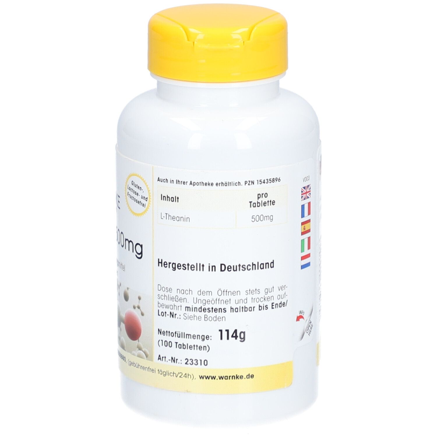 Flacone bianco con tappo giallo. Scritta: WARNKE, L-Teanina 500mg, 100 compresse. Peso netto: 114g. Prodotto in Germania.