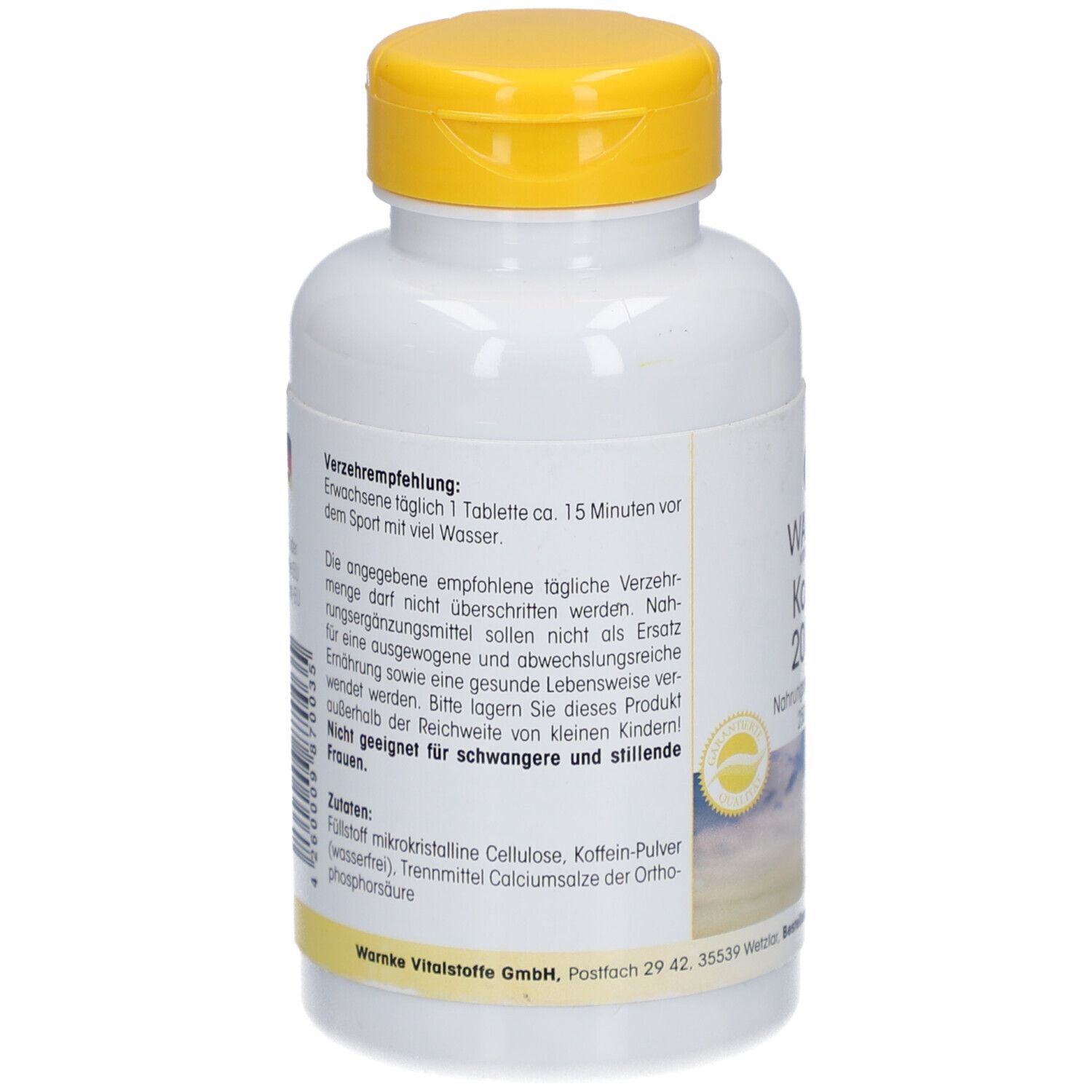 Retro del flacone bianco con tappo giallo. Testo su raccomandazioni e ingredienti. Non per donne incinte.