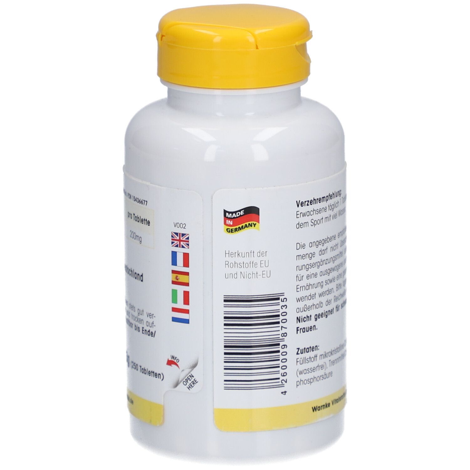 Retro del flacone bianco con tappo giallo. Testo, Prodotto in Germania. Codice a barre e bandiere.