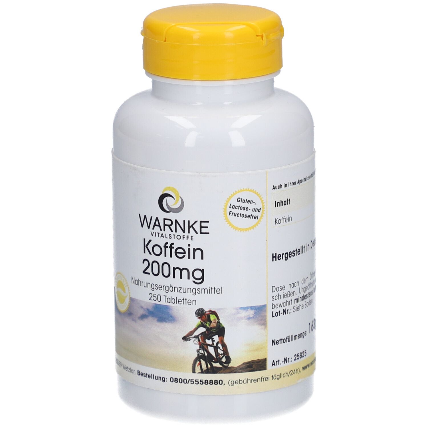 Flacone bianco con tappo giallo. Scritta: WARNKE Koffein 200mg. 250 compresse. Senza glutine, lattosio e fruttosio.