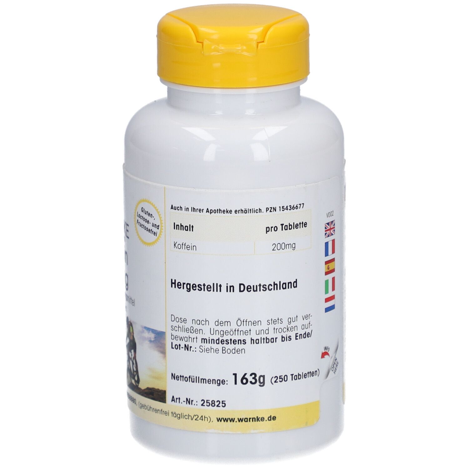 Flacone bianco con tappo giallo. Scritta: Koffein 200mg. Prodotto in Germania. Peso netto: 163g (250 compresse).