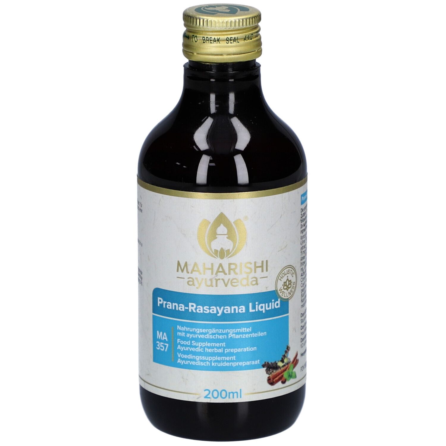 Bottiglia di vetro marrone con tappo dorato. Etichetta con nome del prodotto e logo. Indicazione del volume di 200 ml.