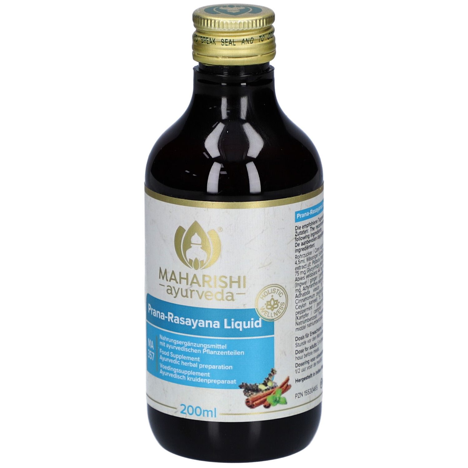 Bottiglia di vetro marrone con tappo dorato. Etichetta con nome del prodotto e logo. Indicazione del volume di 200 ml.