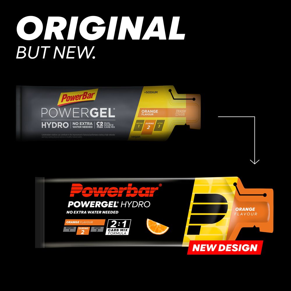 Confronto PowerBar Powergel Hydro. Sopra: vecchio design. Sotto: nuovo design. Gusto arancia.