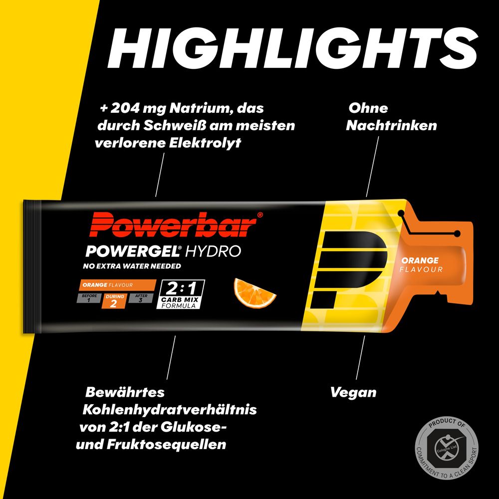 PowerBar Powergel Hydro. Confezione gel con stampa arancione. 2:1 Carb Mix Formula. Gusto arancia.