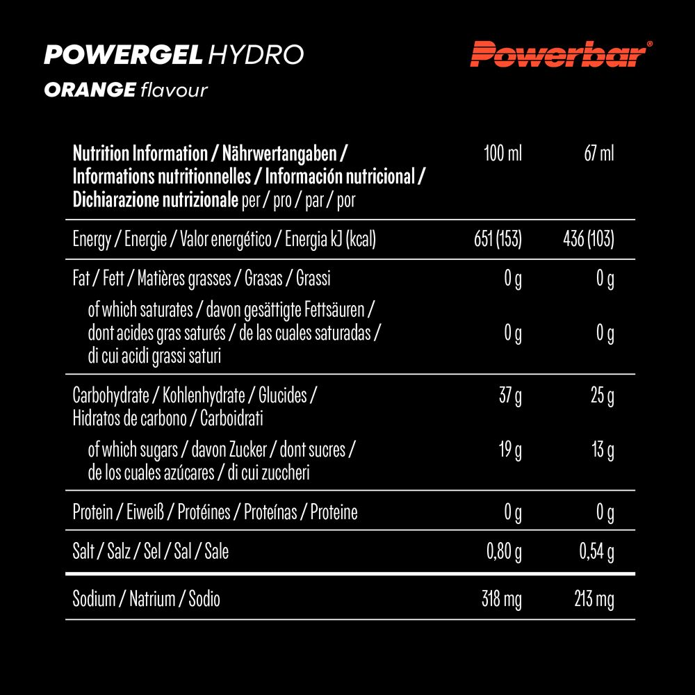 Tabella nutrizionale per PowerBar Powergel Hydro. Informazioni su energia, grassi, carboidrati, proteine e sale.