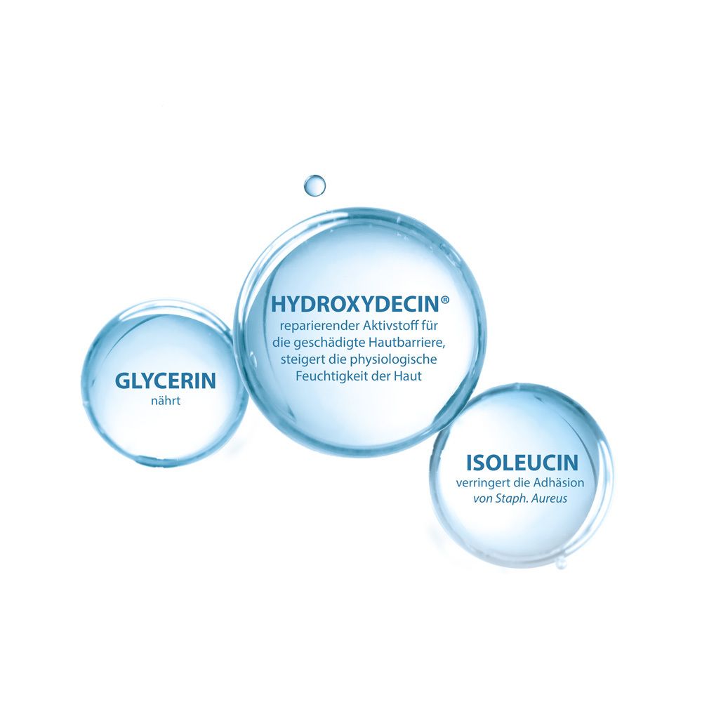 Tre cerchi blu con testo: Glicerina, Idrossidecina, Isoleucina. Il testo spiega gli ingredienti.