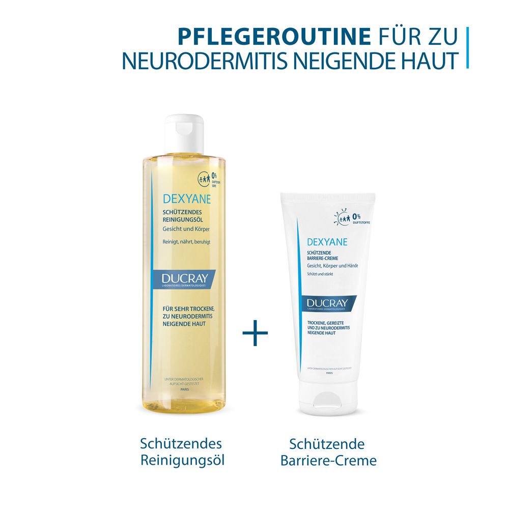 Due prodotti: Olio detergente protettivo e crema barriera protettiva. Testo: Routine di cura per pelli a tendenza atopica.