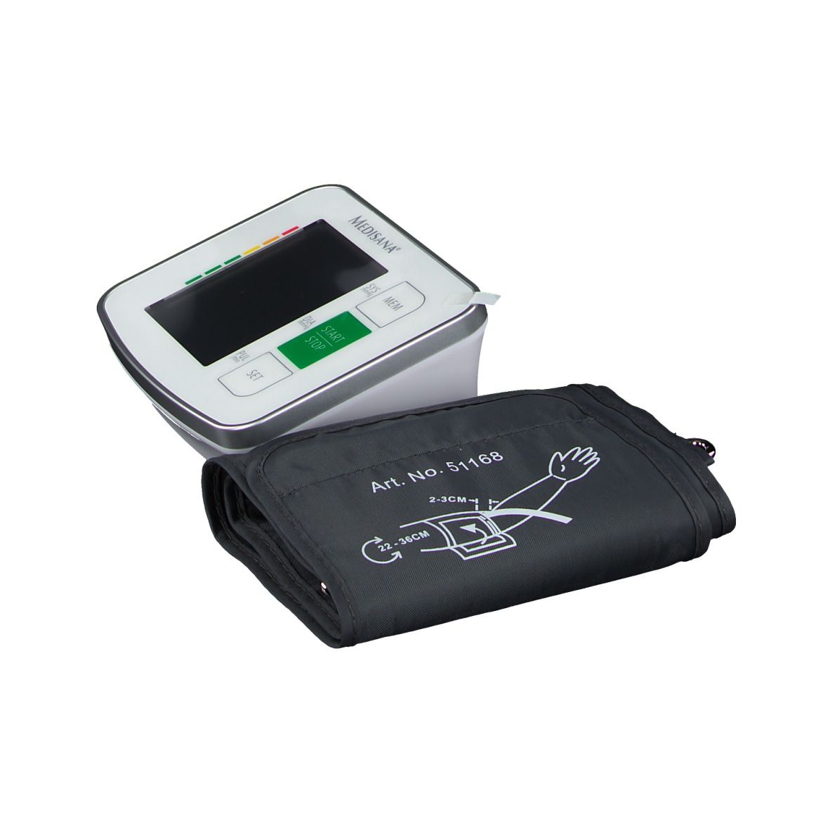 Misuratore di pressione con bracciale. Display digitale, pulsante verde. Corpo bianco, bracciale grigio.