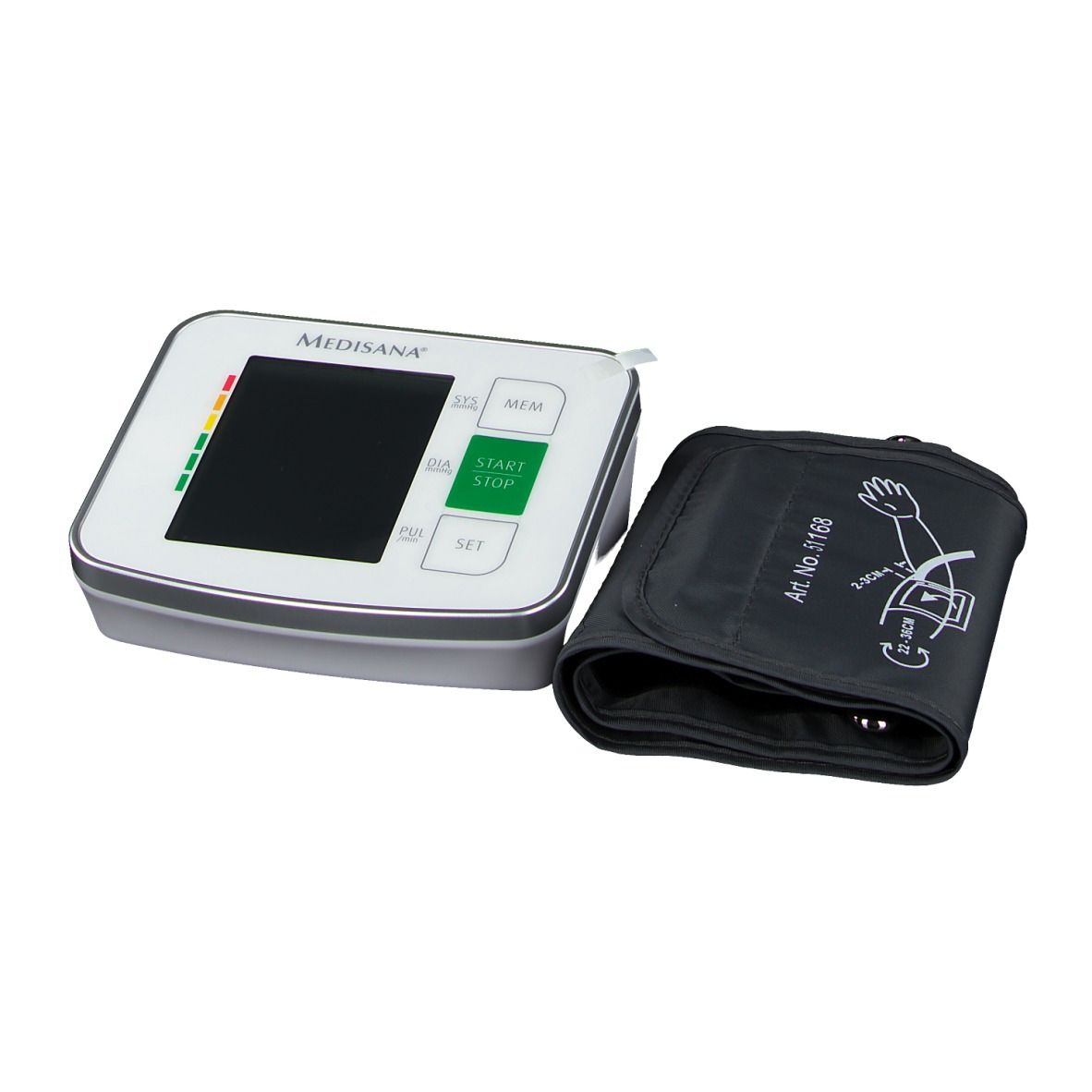 Misuratore di pressione con bracciale. Display digitale, pulsante verde. Corpo bianco, bracciale grigio.
