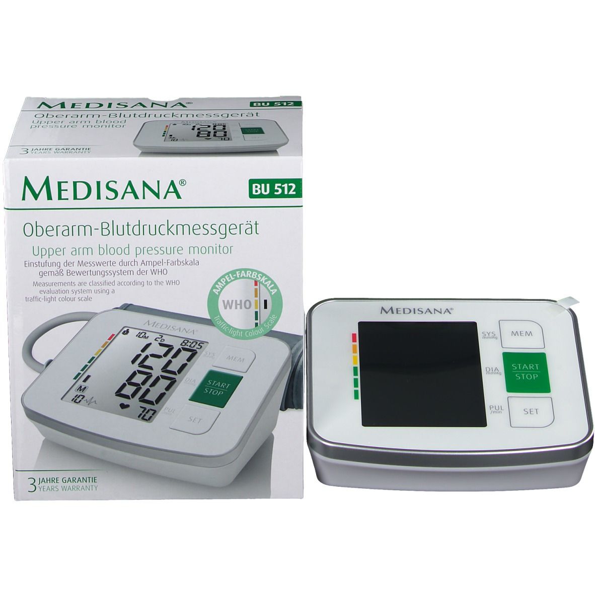 Misuratore di pressione con confezione. Display digitale, pulsante verde. Corpo bianco. Confezione con immagine.