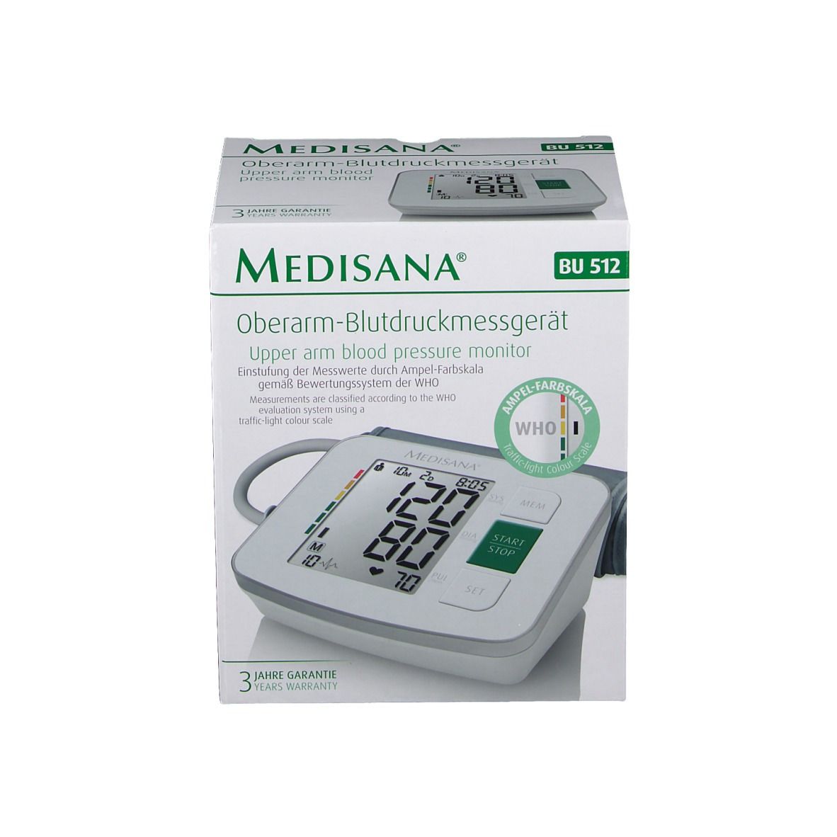 Misuratore di pressione con confezione. Display digitale, pulsante verde. Corpo bianco. Confezione con immagine.
