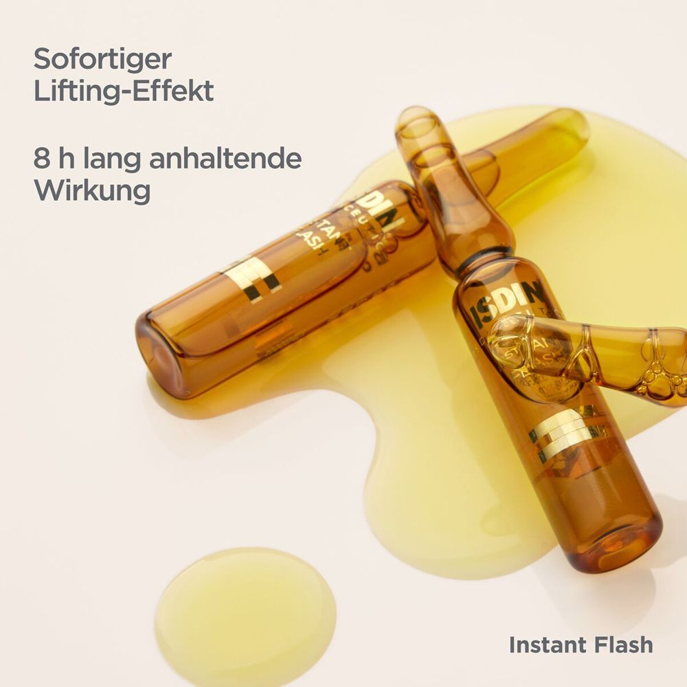 Due fiale INSTANT FLASH. Liquido sulla superficie. Testo: Effetto lifting immediato, 8 ore di durata.