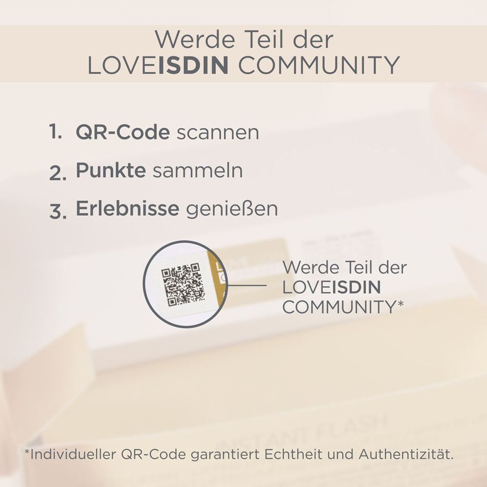 Codice QR sulla confezione. Testo: Entra nella community LOVEISDIN. Scansiona il codice QR.
