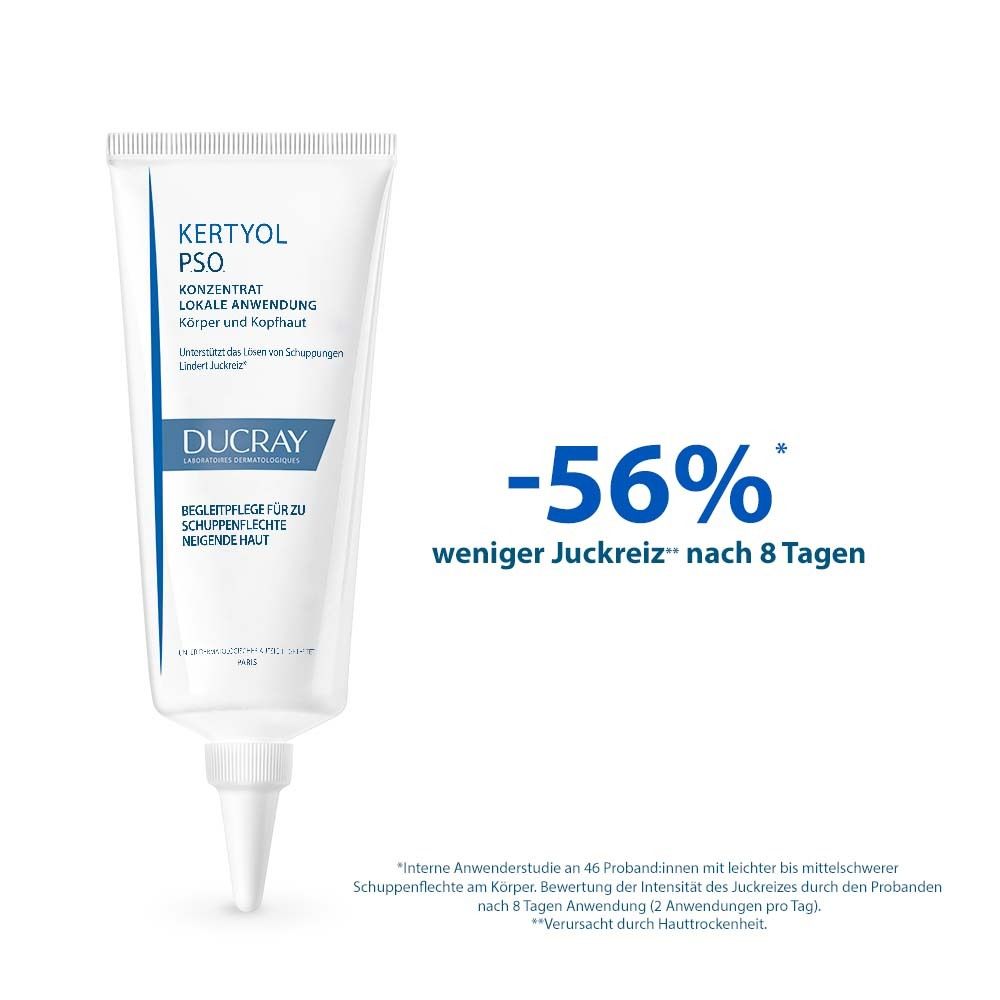 Tubo Kertyol PSO Concentrato. Testo: -56% di prurito in meno dopo 8 giorni. Piccolo testo in basso.