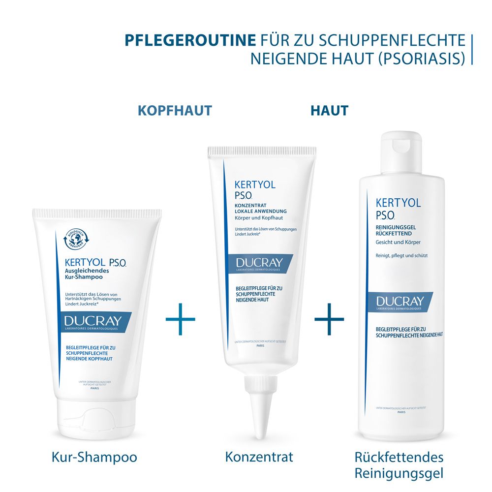 Routine di cura per pelli a tendenza psoriasica. Prodotti: Shampoo-trattamento, Concentrato, gel detergente relipidante.