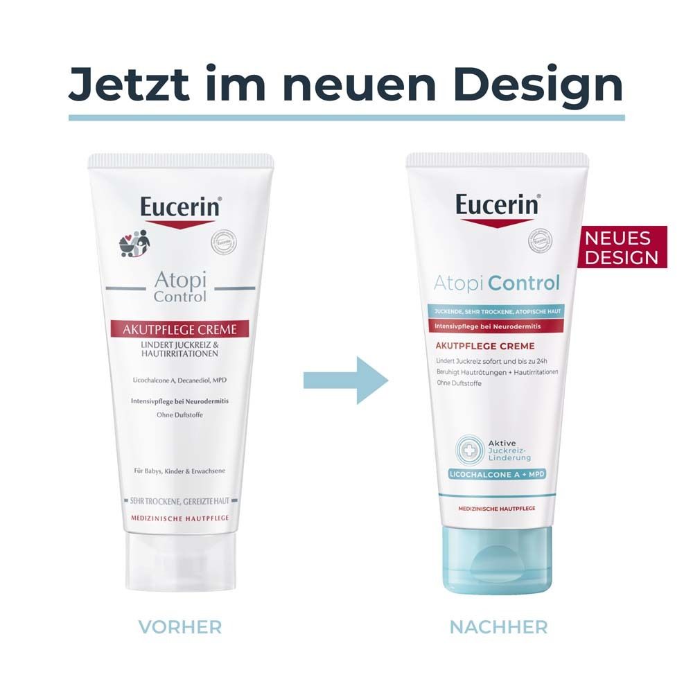 Confronto tra crema Eucerin AtopiControl Akutpflege, confezioni vecchie e nuove.