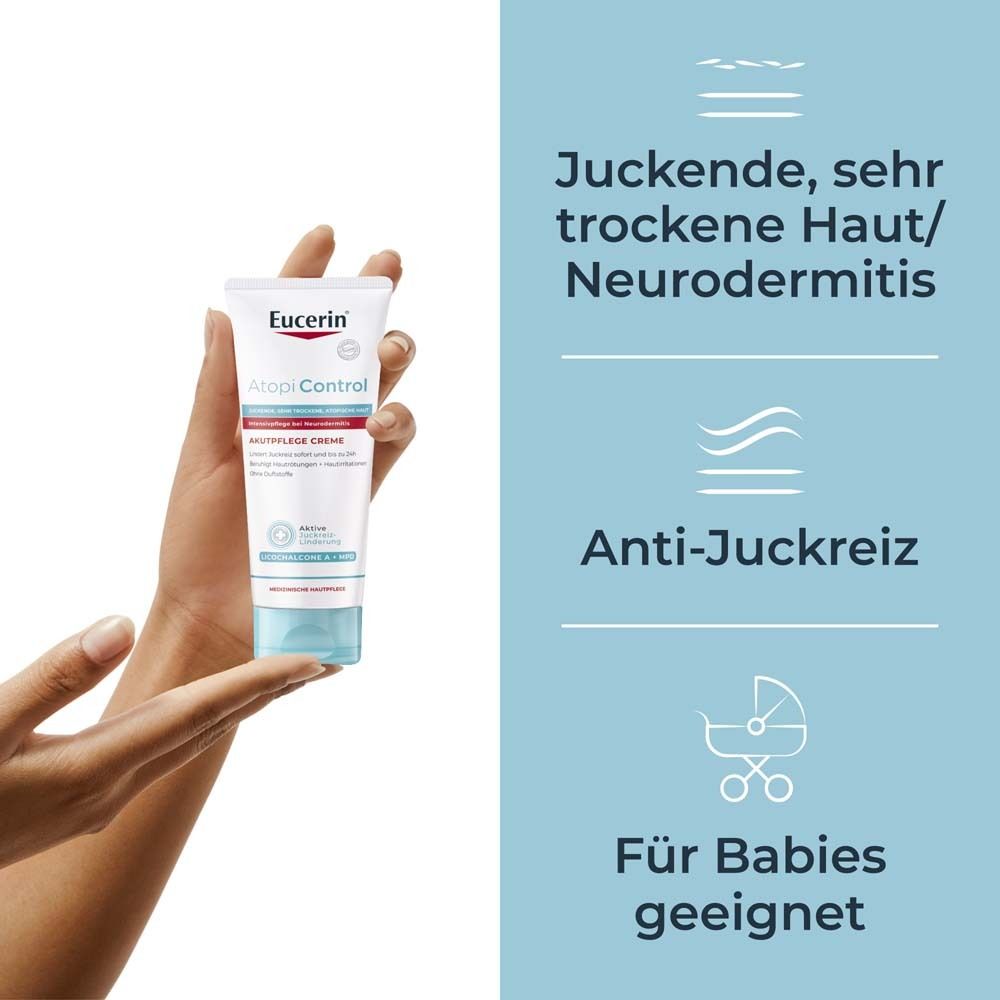 Mano che tiene la crema Eucerin AtopiControl Akutpflege, icone per prurito e neonati.