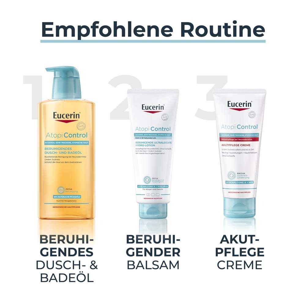 Routine Eucerin: Olio da doccia, balsamo e crema per pelli atopiche.