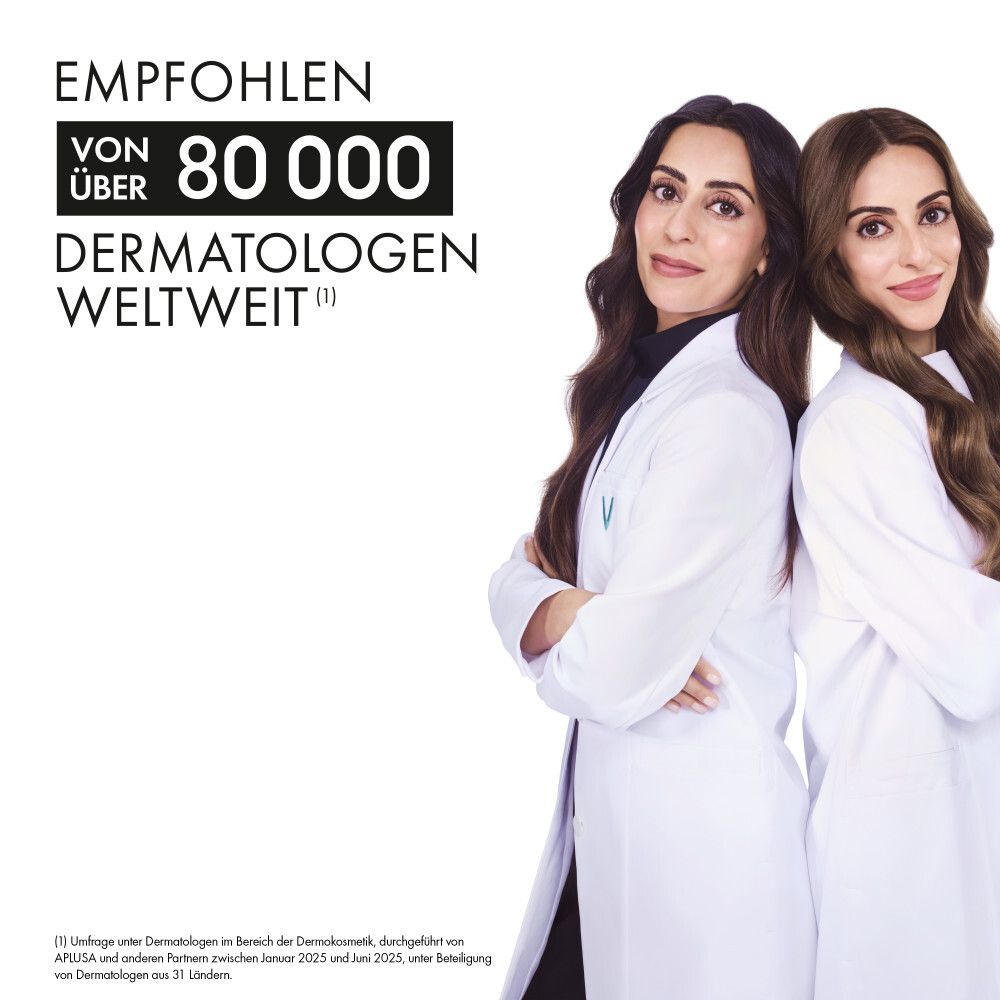 Oltre 80.000 dermatologi raccomandano il Vichy Minéral 89 Booster. Due dermatologhe in camice bianco.