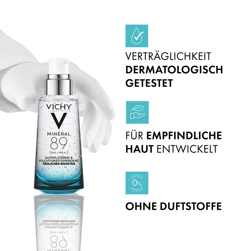 Vichy Minéral 89 Booster: Testato dermatologicamente, per pelli sensibili, senza profumo. Con acido ialuronico e poliglutammico.
