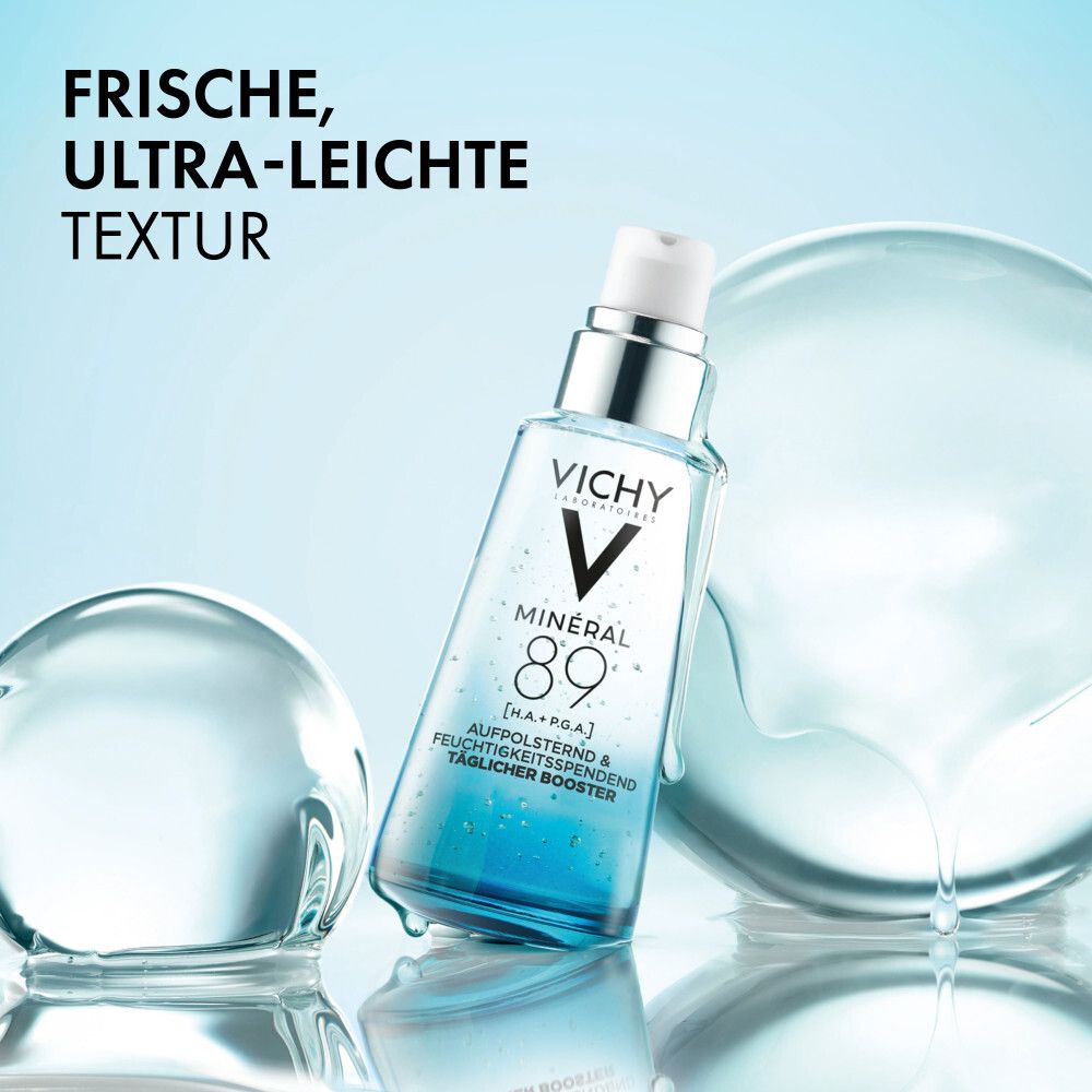 Vichy Minéral 89 Booster: Texture fresca e ultra-leggera. Con acido ialuronico e acido poliglutammico.