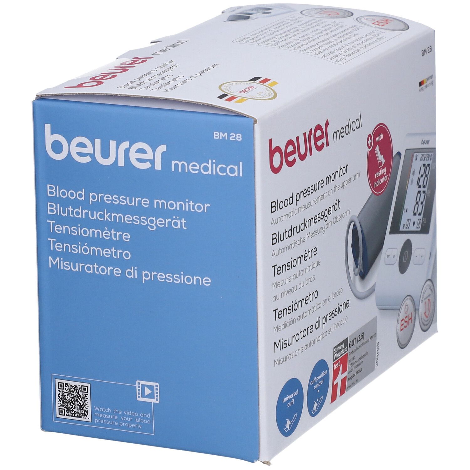 Confezione misuratore pressione. Mostra dispositivo, bracciale e display. Testo: Beurer medical, BM 28, German Engineering.
