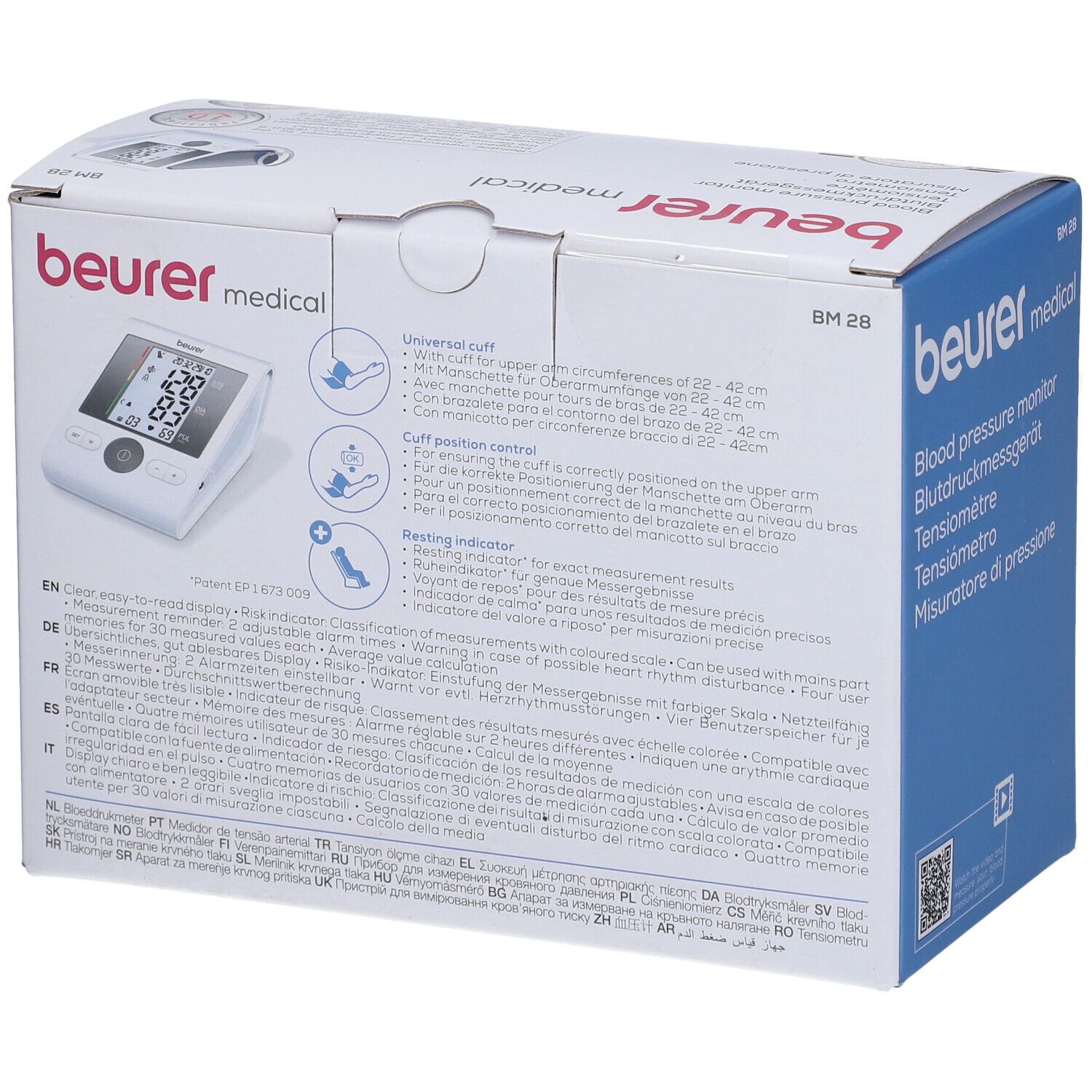 Confezione misuratore pressione. Retro con testo multilingue. Mostra dettagli sull'uso.