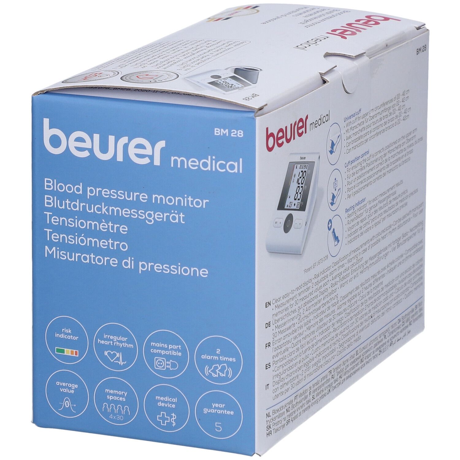 Confezione misuratore pressione. Mostra dettagli come valutazione rischio, battito cardiaco irregolare, slot memoria.