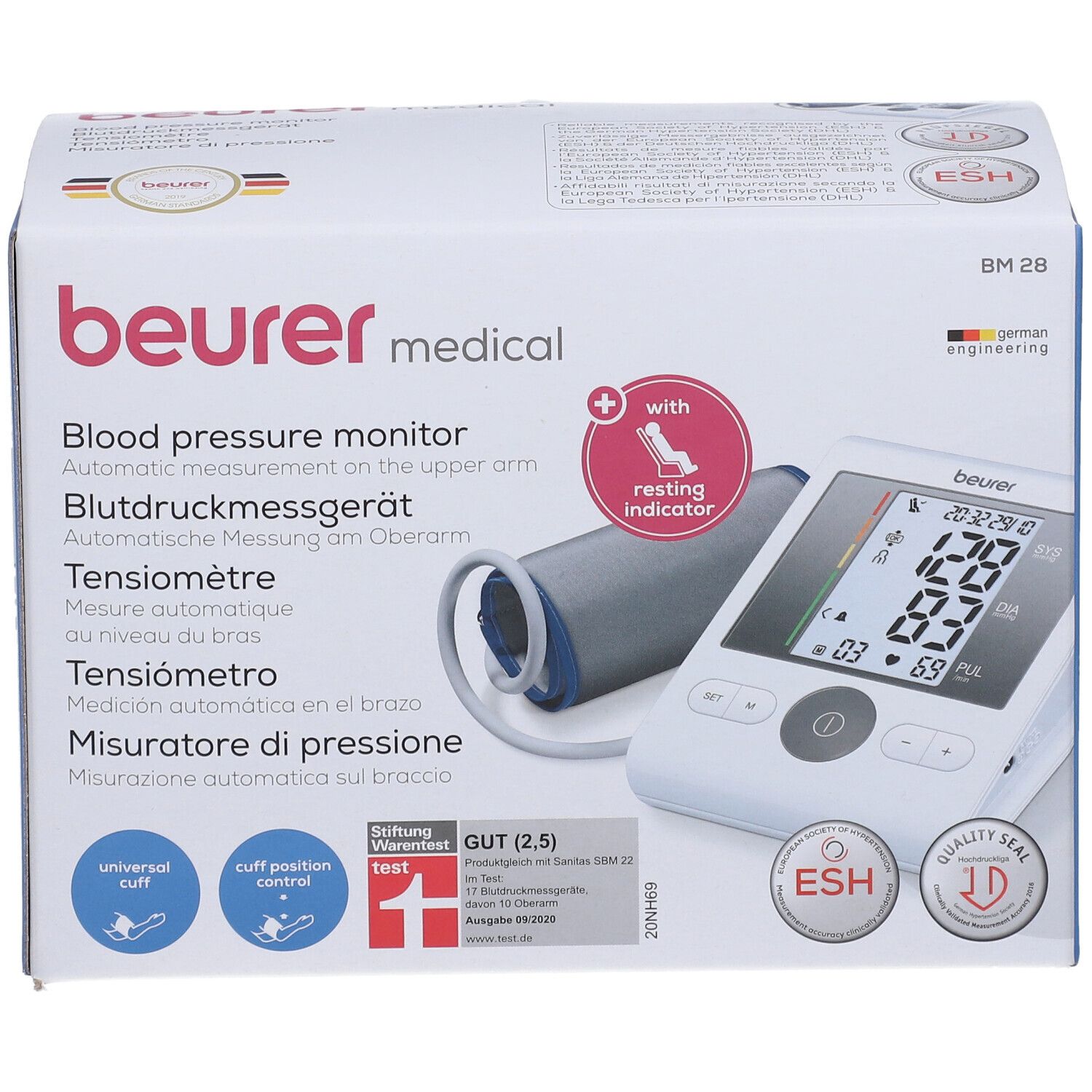 Confezione misuratore pressione. Mostra dispositivo, bracciale e display. Testo: Beurer medical, BM 28, German Engineering.